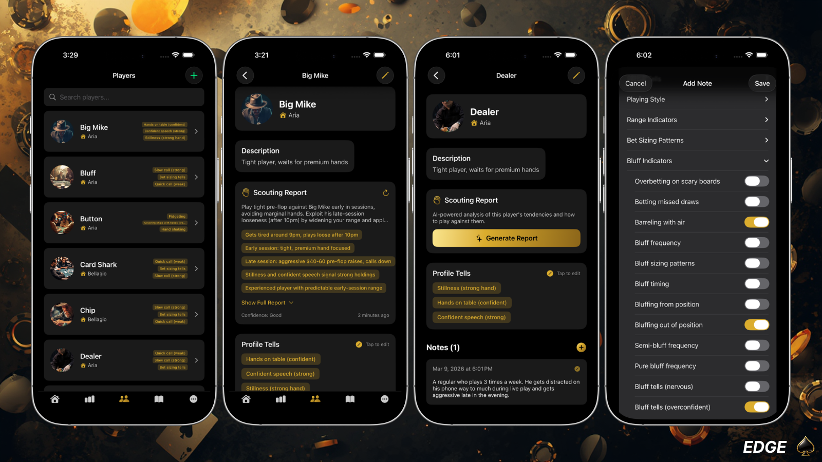 EDGE Poker AI scouting reports and player profiles